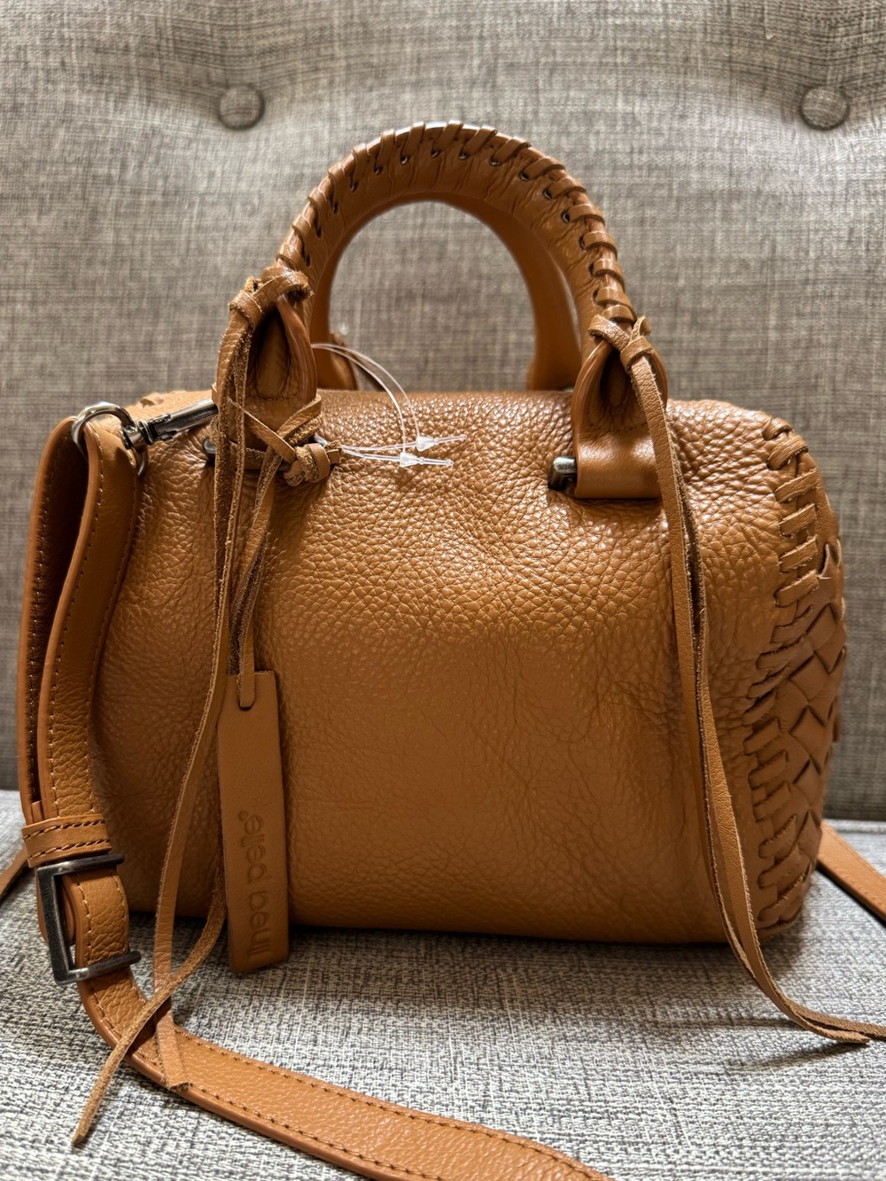 Linea Pelle Whitley Mini Speedy Woven Braided Leather Satchel Cognac Bag
